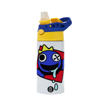 Blue, Rainbow friends, Children's hot water bottle, stainless steel, with safety straw, green, blue (360ml) BPA FREE