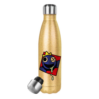 Blue, Rainbow friends, Glitter gold stainless steel thermos bottle, double-walled, 500ml