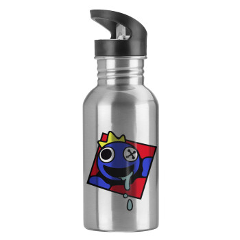 Blue, Rainbow friends, Water bottle Silver with straw, stainless steel 600ml