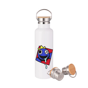 Blue, Rainbow friends, Stainless steel White with wooden lid (bamboo), double wall, 750ml