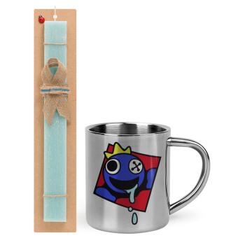 Blue, Rainbow friends, Easter Set, metallic thermal cup (300ml) & aromatic flat Easter candle (30cm) (TURQUOISE)