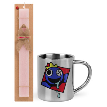 Blue, Rainbow friends, Easter Set, metallic thermal cup (300ml) & aromatic flat Easter candle (30cm) (PINK)