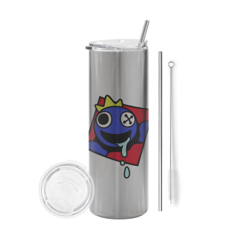 Blue, Rainbow friends, Eco friendly stainless steel Silver tumbler 600ml, with metal straw & cleaning brush
