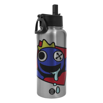 Blue, Rainbow friends, Metal mug thermo Silver with Straw and Spout Lid (Stainless steel), double wall, 950ml