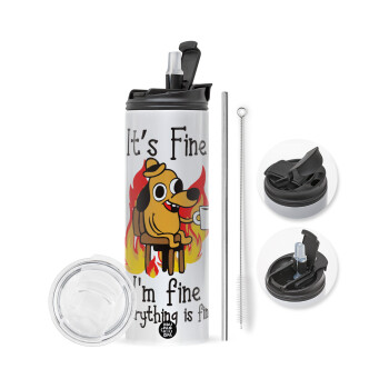 It's Fine I'm Fine Everything Is Fine, Travel Tumbler 2 Lids, with metal straw & cleaning brush (Stainless steel 304 Food grade, BPA free, 600ml)