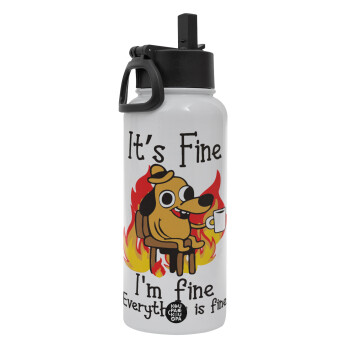 It's Fine I'm Fine Everything Is Fine, Metal mug thermo White with Straw and Spout Lid (Stainless steel), double wall, 950ml