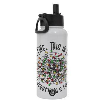 It's Fine I'm Fine Everything Is Fine, Metal mug thermo White with Straw and Spout Lid (Stainless steel), double wall, 950ml