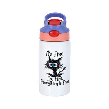 Cat, It's Fine I'm Fine Everything Is Fine, Παιδικό παγούρι θερμό, ανοξείδωτο, με καλαμάκι ασφαλείας, ροζ/μωβ (350ml)