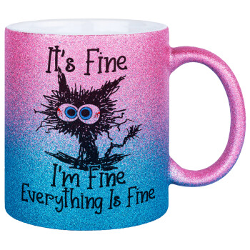 Cat, It's Fine I'm Fine Everything Is Fine, Κούπα Χρυσή/Μπλε Glitter, κεραμική, 330ml