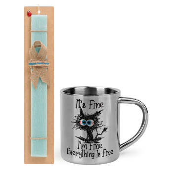 Cat, It's Fine I'm Fine Everything Is Fine, Easter Set, metallic thermal cup (300ml) & aromatic flat Easter candle (30cm) (TURQUOISE)