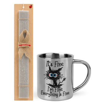 Cat, It's Fine I'm Fine Everything Is Fine, Easter Set, metallic thermal cup (300ml) & Easter aromatic flat candle (30cm) (GRAY)