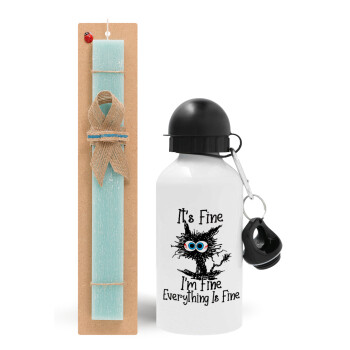 Cat, It's Fine I'm Fine Everything Is Fine, Easter Set, metallic aluminum water bottle (500ml) & scented flat candle (30cm) (TURQUOISE)