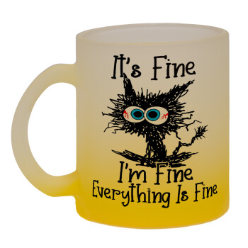 Cat, It's Fine I'm Fine Everything Is Fine, Κούπα γυάλινη δίχρωμη με βάση το κίτρινο ματ, 330ml