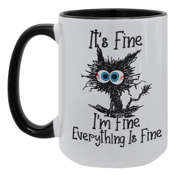 Cat, It's Fine I'm Fine Everything Is Fine, Κούπα Mega 15oz, κεραμική Μαύρη, 450ml