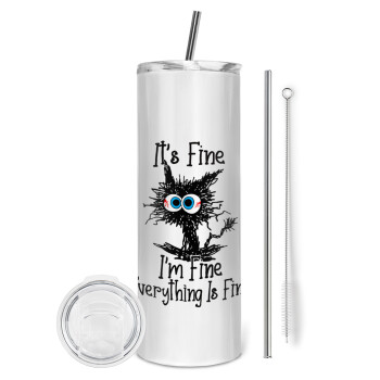 Cat, It's Fine I'm Fine Everything Is Fine, Eco friendly stainless steel tumbler 600ml, with metal straw & cleaning brush