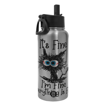 Cat, It's Fine I'm Fine Everything Is Fine, Metal mug thermo Silver with Straw and Spout Lid (Stainless steel), double wall, 950ml