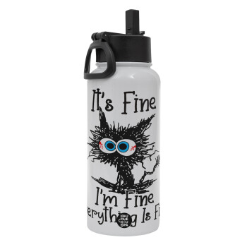 Cat, It's Fine I'm Fine Everything Is Fine, Metal mug thermo White with Straw and Spout Lid (Stainless steel), double wall, 950ml