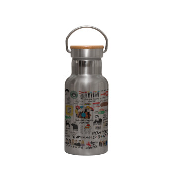 Friends, Stainless steel metallic thermos flask, silver with a bamboo lid, double-walled, 350ml.