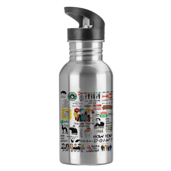 Friends, Water bottle Silver with straw, stainless steel 600ml
