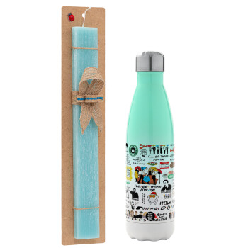 Friends, Easter Set, Metallic green/white thermos (Stainless steel), double-walled, 500ml & scented flat Easter candle (30cm) (TURQUOISE)