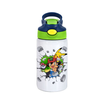 Pokemon brick, Children's hot water bottle, stainless steel, with safety straw, green, blue (350ml)