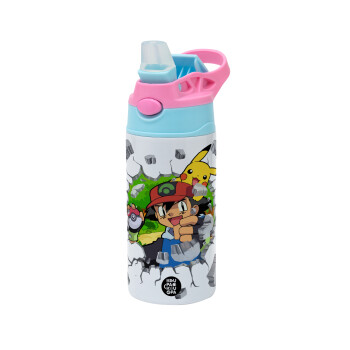 Pokemon brick, Children's hot water bottle, stainless steel, with safety straw, Pink/BlueCiel (360ml) BPA FREE