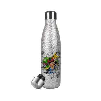 Pokemon brick, Μεταλλικό παγούρι θερμός Glitter Aσημένιο (Stainless steel), διπλού τοιχώματος, 500ml