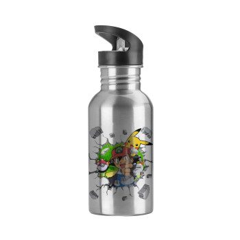 Pokemon brick, Water bottle Silver with straw, stainless steel 600ml