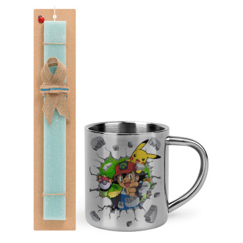 Pokemon brick, Easter Set, metallic thermal cup (300ml) & aromatic flat Easter candle (30cm) (TURQUOISE)