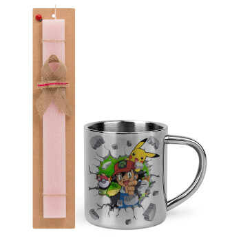 Pokemon brick, Easter Set, metallic thermal cup (300ml) & aromatic flat Easter candle (30cm) (PINK)