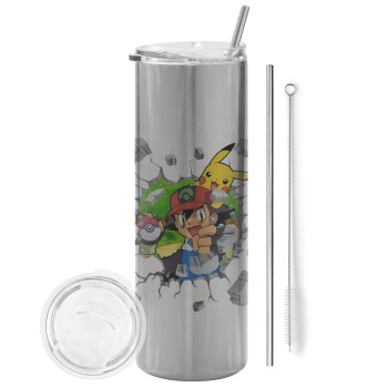 Pokemon brick, Eco friendly stainless steel Silver tumbler 600ml, with metal straw & cleaning brush