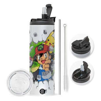 Pokemon brick, Travel Tumbler 2 Lids, with metal straw & cleaning brush (Stainless steel 304 Food grade, BPA free, 600ml)