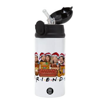 FRIENDS xmas, Children's hot water bottle, stainless steel, with safety straw, Black (360ml) BPA-FREE