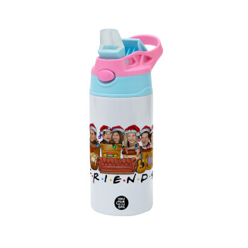 FRIENDS xmas, Children's hot water bottle, stainless steel, with safety straw, Pink/BlueCiel (360ml) BPA FREE