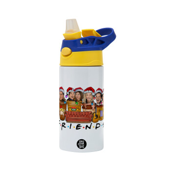 FRIENDS xmas, Children's hot water bottle, stainless steel, with safety straw, green, blue (360ml) BPA FREE