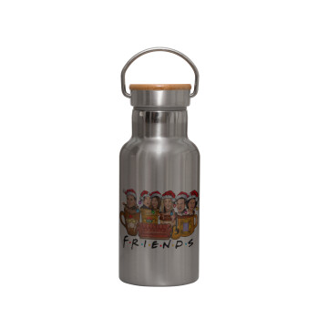 FRIENDS xmas, Stainless steel metallic thermos flask, silver with a bamboo lid, double-walled, 350ml.