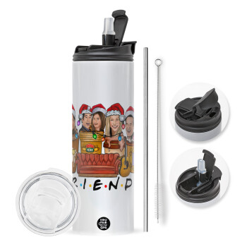 FRIENDS xmas, Travel Tumbler θερμό με διπλό καπάκι, μεταλλικό καλαμάκι και βούρτσα καθαρισμού (Ανωξείδωτο 304 Food grade, BPA free, 600ml)