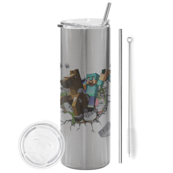 Minecraft brick, Tumbler stainless steel Silver 600ml, with metal straw & cleaning brush