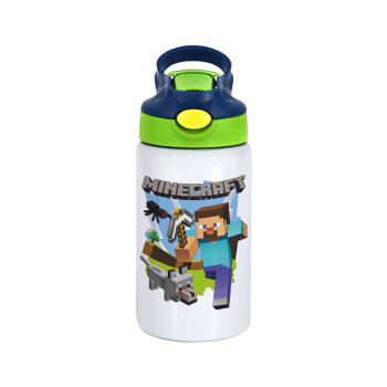 Minecraft Alex and friends, Children's hot water bottle, stainless steel, with safety straw, green, blue (350ml)