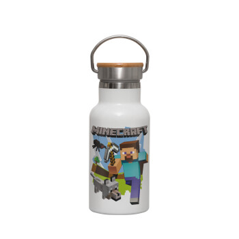 Minecraft Alex, Metallic thermos (Stainless steel) White with wooden lid (bamboo), double-walled, 350ml