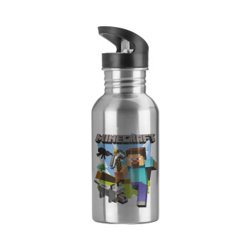 Minecraft Alex and friends, Water bottle Silver with straw, stainless steel 600ml