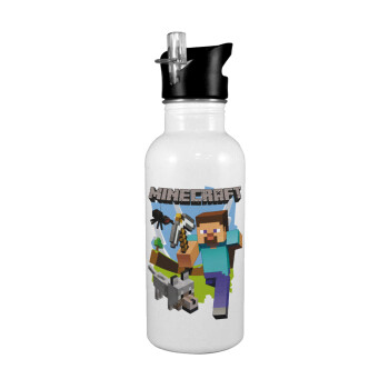 Minecraft Alex and friends, White water bottle with straw, stainless steel 600ml