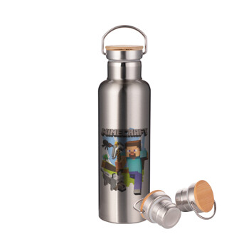 Minecraft Alex and friends, Stainless steel Silver with wooden lid (bamboo), double wall, 750ml