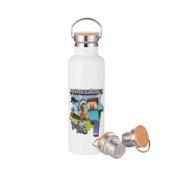 Minecraft Alex, Stainless steel White with wooden lid (bamboo), double wall, 750ml