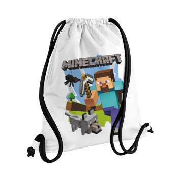 Minecraft Alex and friends, Τσάντα πλάτης πουγκί GYMBAG λευκή, με τσέπη (40x48cm) & χονδρά κορδόνια