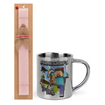 Minecraft Alex and friends, Easter Set, metallic thermal cup (300ml) & aromatic flat Easter candle (30cm) (PINK)