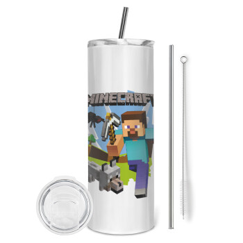 Minecraft Alex and friends, Eco friendly ποτήρι θερμό (tumbler) από ανοξείδωτο ατσάλι 600ml, με μεταλλικό καλαμάκι & βούρτσα καθαρισμού