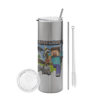 Minecraft Alex, Tumbler stainless steel Silver 600ml, with metal straw & cleaning brush