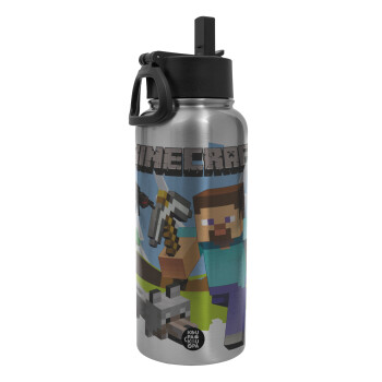 Minecraft Alex, Metal mug thermo Silver with Straw and Spout Lid (Stainless steel), double wall, 950ml