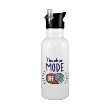 Teacher mode, White water bottle with straw, stainless steel 600ml